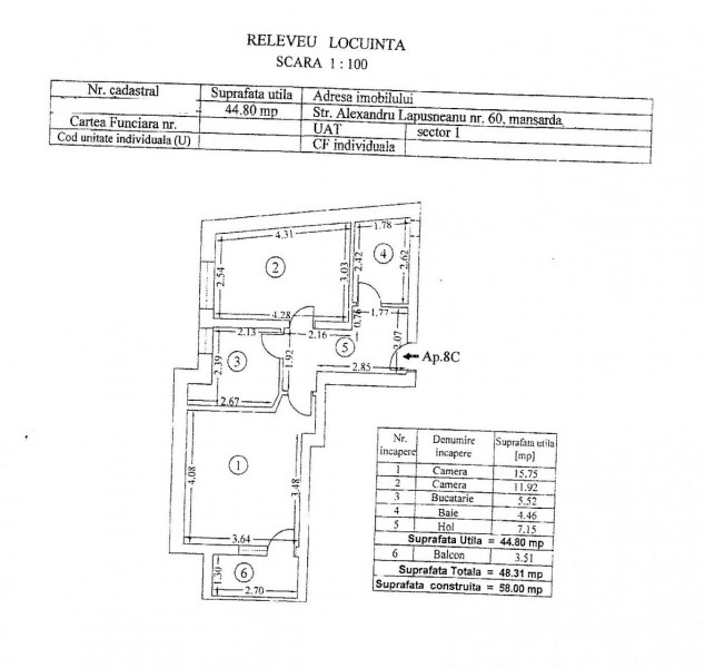 Bazilescu – Lapusneanu, Apartament 2 camere decomandat, 48 mp.